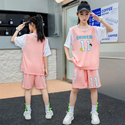 <!--女童夏装运动服2024新款洋气速干衣中大童夏季套装学生篮球服套装-->