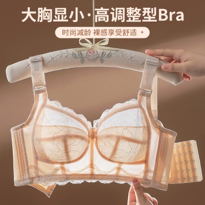 <!--新款超薄蕾丝内衣女大胸显小无钢圈聚拢收副乳防下垂调整型文胸罩-->