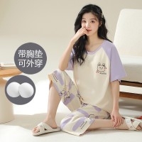 2024新款少女带胸垫纯棉睡衣女夏季短袖七分裤可外穿薄款女士套装