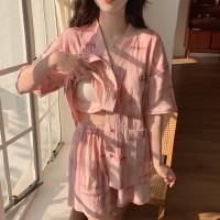 2024新款睡衣女夏季带胸垫一体式开衫V领棉质短袖短裤家居服套装