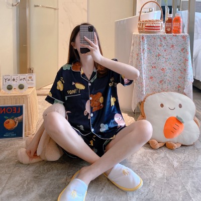 <!--IceSilkSSPajamas睡衣女冰丝开衫夏季短袖短裤卡通家居服套装-->