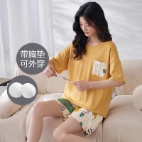 2024新款睡衣女夏季带胸垫甜美可爱短裤可外穿短袖纯棉套装家居服