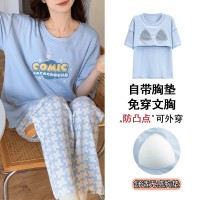 2024睡衣女短袖长裤带胸垫套头卡通可爱家居服圆领休闲套装可外穿