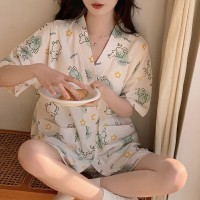 2024新款睡衣女夏季带胸垫一体式开衫V领棉质短袖短裤家居服套装