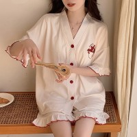 2024新款睡衣女夏季带胸垫一体式开衫V领棉质短袖短裤家居服套装